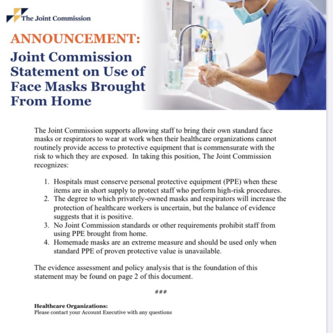 Amazing! The Joint Commission is supporting healthcare providers in using their own N95s when not provided!!
