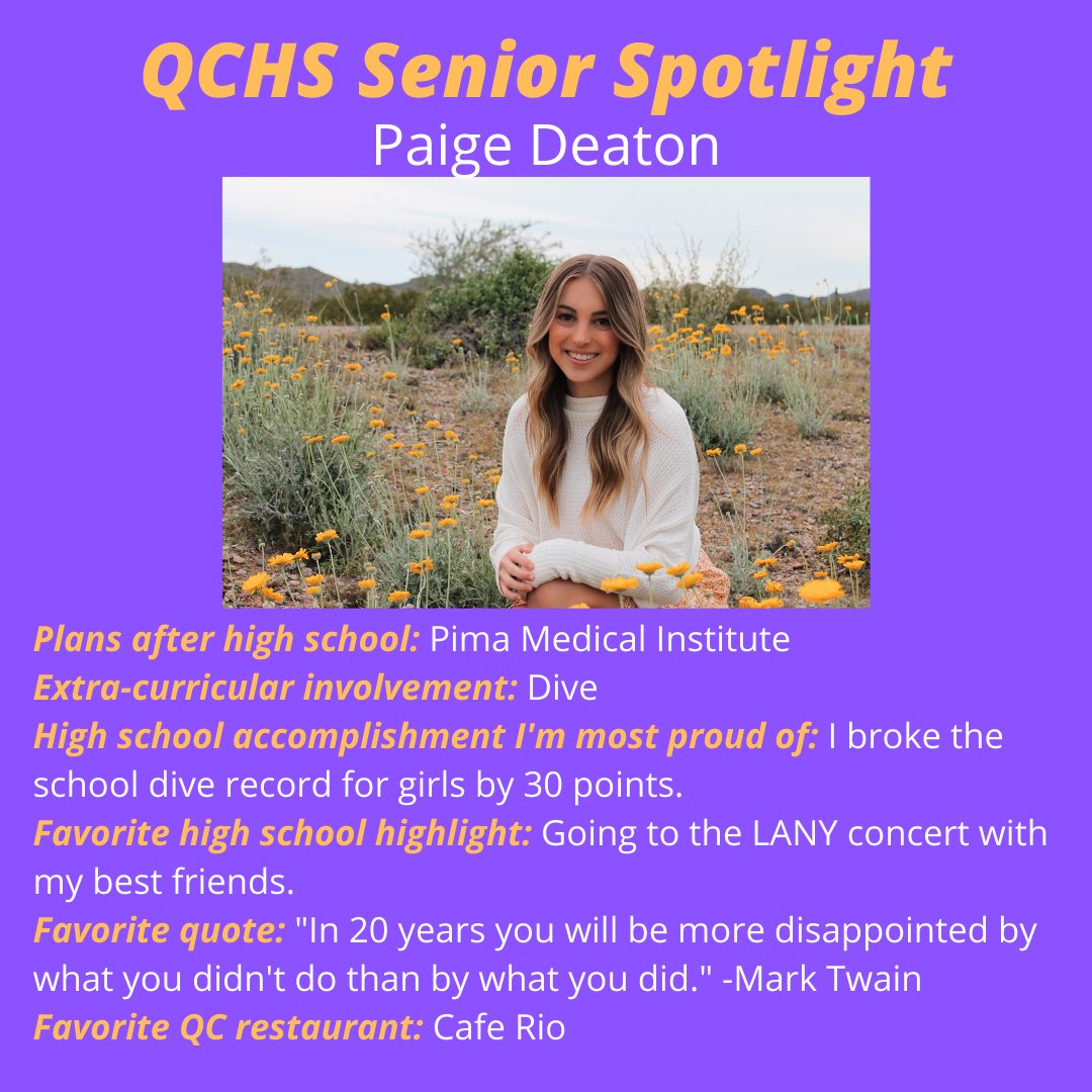 qcusd's tweet photo. SENIOR SPOTLIGHT: We would like to introduce you to the #QueenCreekHighSchool Class of 2020. Help us congratulate, Paige Deaton!! #QCLeads #2020strong #QueenCreek #Classof2020 https://t.co/aDX8fo1mI0