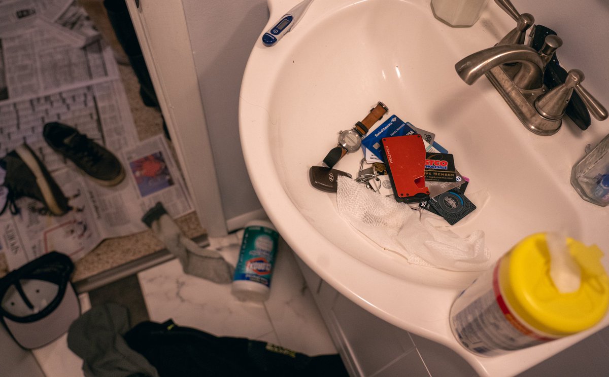 Damsteegt's tweet photo. A New Normal || Newspapers and clothes on the floor… disinfecting wipes galore. The view when I got out of a disinfecting shower the other day. Be cautious. Be wise. Be safe. #3BMEPLemonade #covid19 #coronavirus #keepcalmandcarryon @hughbrownstone @adorama @fujifilm_US @apple https://t.co/j6fmHELQsq