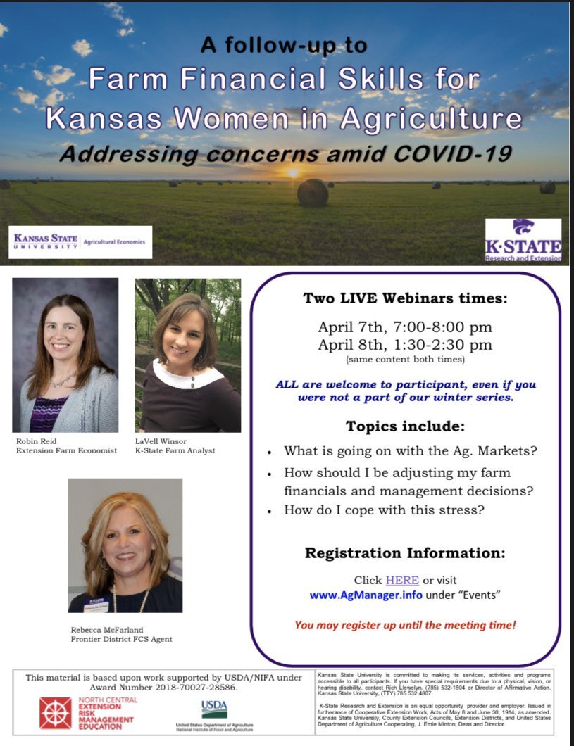 Kansas Farm Financial Series Follow-up Webinar: Addressing concerns amid COVID-19
Free event- attend from home! April 7 &amp; 8th. agmanager.info/events/follow-…