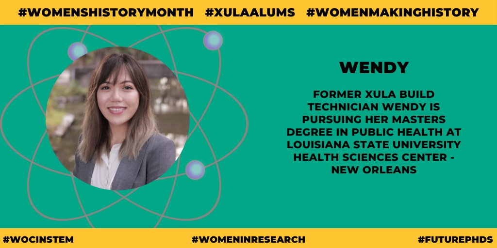 XULA_BUILD's tweet photo. Finishing #WomensHistoryMonth strong! #XULABUILD alums are making their own history. 
@XULA1925 Alum Wendy Dang is pursuing her Masters in Public Health at @LSUHealthNO.  Keep up the great work, Wendy!
#XULA #XULAProud #XULAAlum
#WomeninResearch #FuturePhDs 
@NRMNET https://t.co/VcoBrDu7Dz