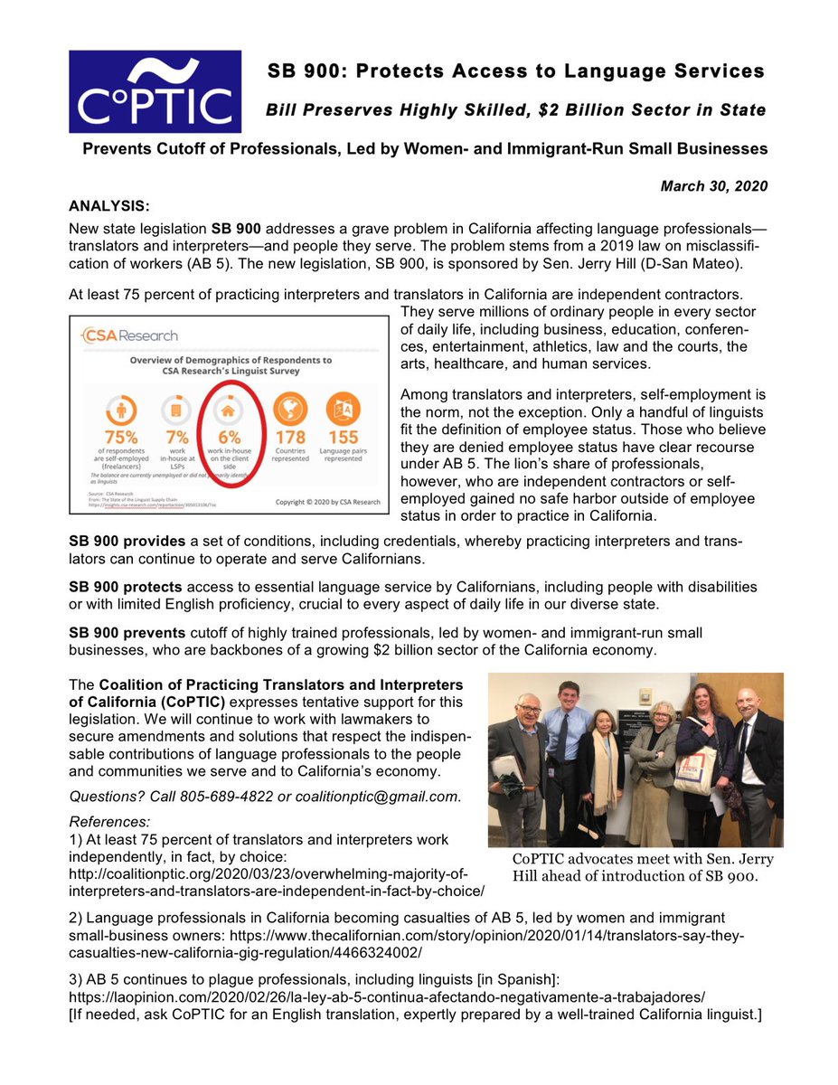 co_ptic's tweet photo. #SB900: Thanks to diligent advocacy by @co_ptic supporters, a new state bill that respects the indispensable work of interpreters and translators and protects Californians’ access to language services has gained introduction in the legislature. #FixAB5 #1nt #xl8 https://t.co/RYLtkIDv2m