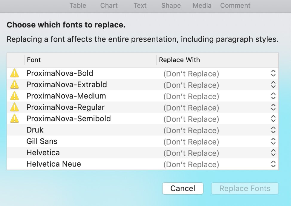 kenpardue's tweet photo. @AppleSupport Is it just me or are the new templates in iWork missing fonts (e.g. Academy and Bold Color are missing ProximaNova, Founders Grotesk, etc.)? https://t.co/fHN3a95YZU