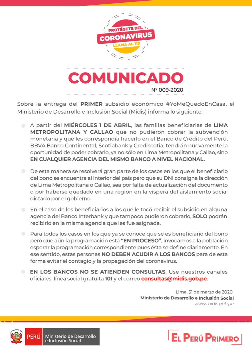 Con respecto a la entrega del subsidio monetario #YoMeQuedoEnCasa, el Ministerio de Desarrollo e Inclusión Social informa lo siguiente: