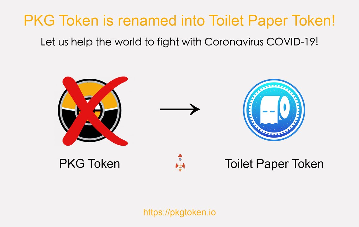 pkgtoken's tweet photo. PKG Token is renamed into Toilet Paper Token (TPT)! Check it here https://t.co/FO1J7qMQRx. Let us help the world to fight with Coronavirus COVID-19!  🧻 https://t.co/QeWUHSlJKK 🤖#pkgtoken #pkg #pkgx #bitcoin #btc #crypto #eth #toiletpapertoken #tpt #coinmarketcap  #coronavirus https://t.co/fs6jVTEoXC