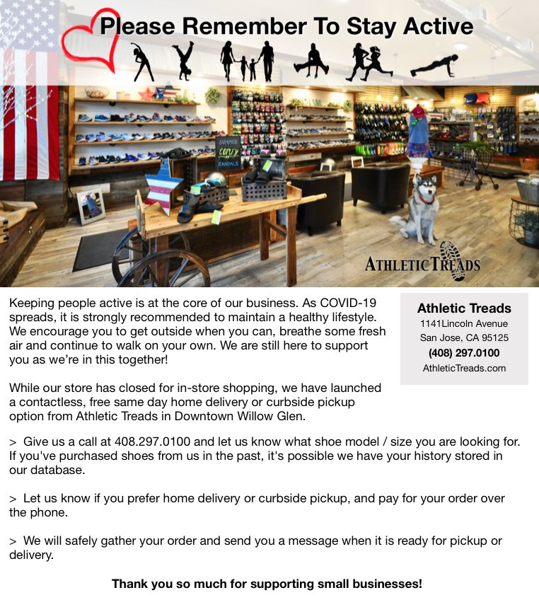 willowGlen5K's tweet photo. Our longtime #WG5K Silver Sponsor Athletic Treads in Downtown Willow Glen is still serving their customers via home delivery or curbside pickup - only a phone call away to serve your healthy lifestyle &amp; athletic needs! 408-297-0100 https://t.co/bO44gJ4GJ1