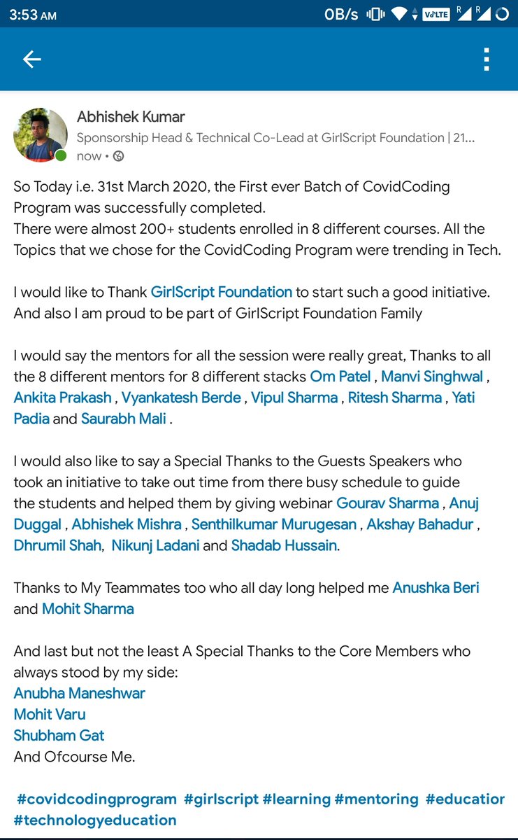 abhishekrnc1's tweet photo. So Today i.e. 31st March 2020, the First ever Batch of CovidCoding Program was successfully completed.
There were almost 200+ students enrolled in 8 different courses. All the Topics that we chose for the CovidCoding Program were trending in Tech
#covidcodingProgram #girlscript https://t.co/zeOy5Z77Lc