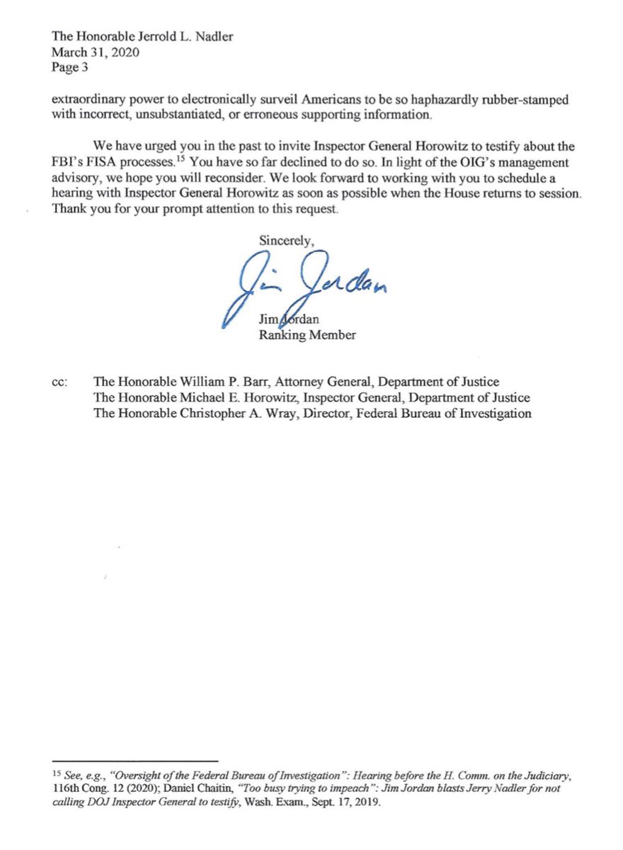 JudiciaryGOP's tweet photo. 🚨#BREAKING: @Jim_Jordan writes letter to @RepJerryNadler following today’s shocking #FISA revelations. 

Jordan urges Chairman Nadler to invite Inspector General Horowitz to testify about the FBI’s FISA process. https://t.co/vhMVFs7z6y