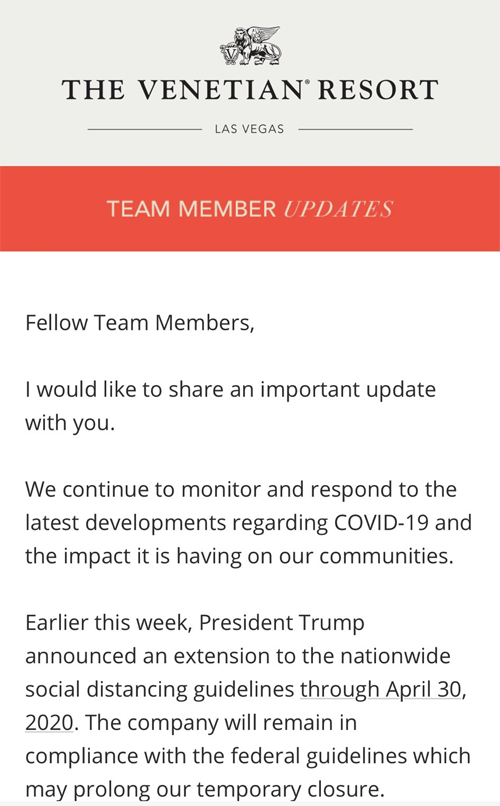 Vital Vegas on Twitter: "Internal communication. Las Vegas Sands is sort of  kicking this bug's ass right now for employees. Paying them through April  30. https://t.co/e0DrRjcQmP" / Twitter