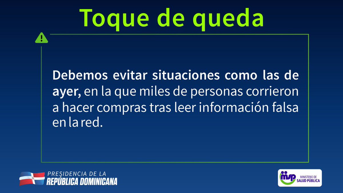 GobiernoDanilo's tweet photo. Sobre el toque de queda por #CoronavirusRD: el horario es de las 5 de la tarde a las 6 de la mañana; no hay planes de cambiar esta situación por un modelo permanente. 

Evitemos aglomeraciones para realizar compras. Es peligroso e innecesario. https://t.co/4GEWJzII0M