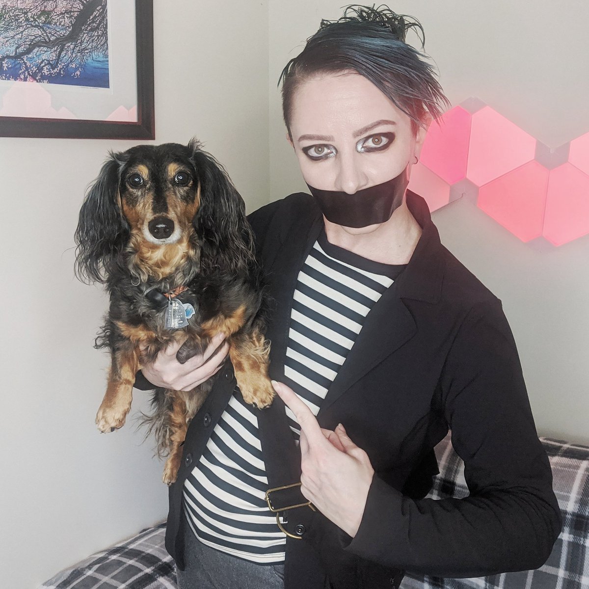 asilentsoapbox's tweet photo. happy #quarantineoween!

how does a performance artist dress up for halloween? i have a closet full of costumes to choose from, but today i wanted to do something different, so i dressed up as one of my favorite performers - @TapeFaceBoy! special appearance by my dog, shorty. https://t.co/6P1po3cLlq