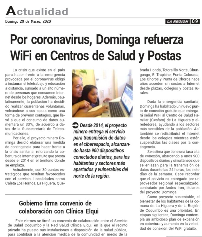 Gracias <a href="/ConoceDominga/">conocedominga</a>  por seguir apoyando a los habitantes de la comuna de La Higuera, en estos momentos difíciles en que la comunicación entre familias es muy necesaria, el internet que uds entregan gratuitamente a la comuna, es un gran alivio para todos. #QuedateEnCasa 💖