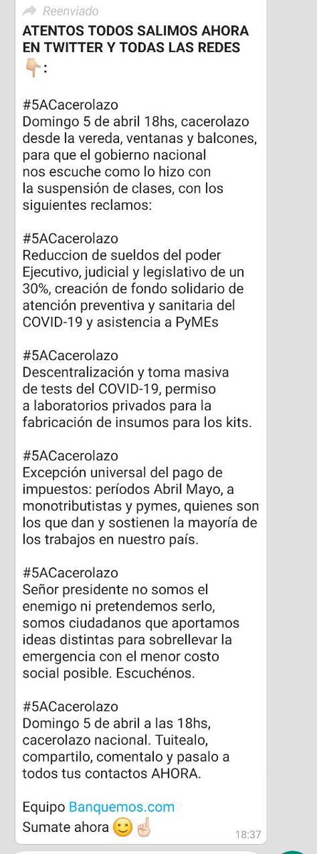 Ustedes creían que <a href="/marquitospena/">Marcos Peña</a> y su gente estaban en cuarentena? No. Están agitando a la sociedad. Este es el instructivo que el ex funcionario le mando a sus seguidores a través de una agrupación. Primero el cacerolazo y miren lo que sigue. Hay gente peor que el #coronavirus