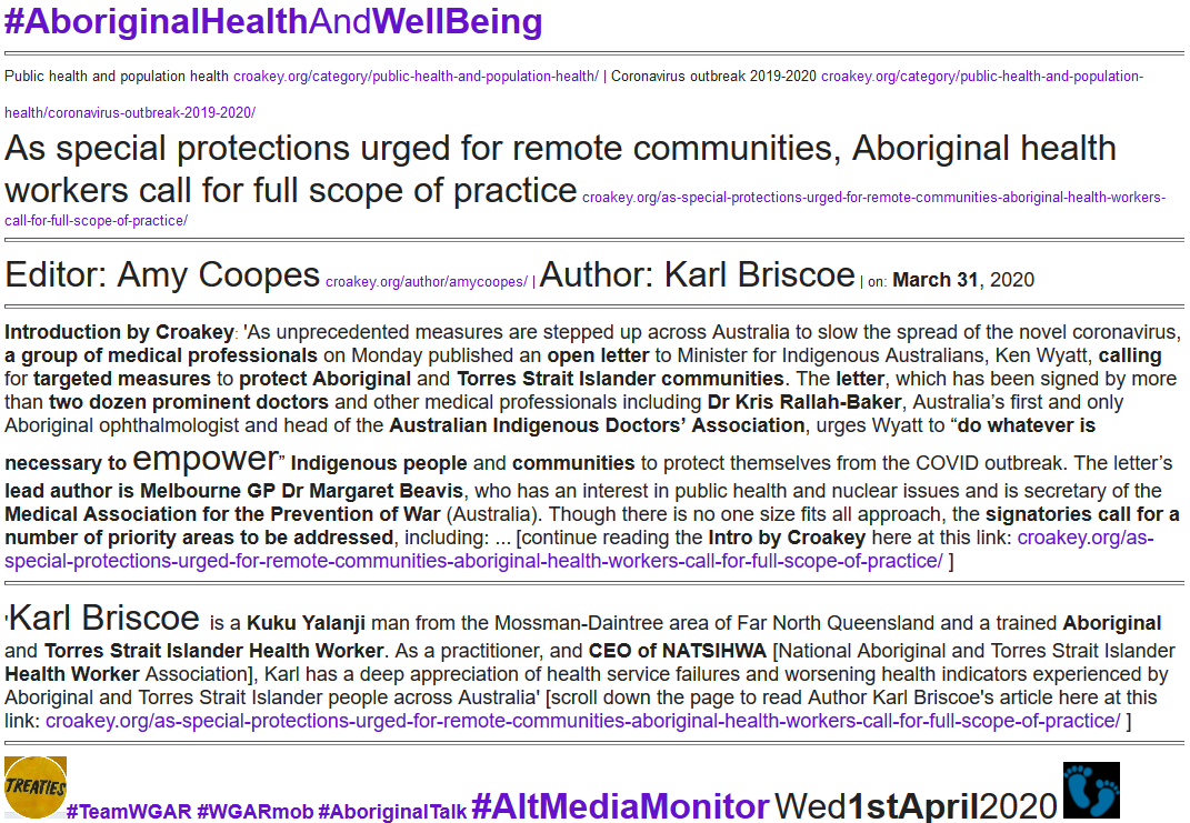 WgarNews's tweet photo. #CoronavirusOutbreak | #Croakey Editor: #AmyCoopes | Author: #KarlBriscoe, #NATSIHWA CEO | As #SpecialProtectionsUrged for #RemoteCommunities, #AboriginalHealthWorkers Call for #FullScopeOfPractice https://t.co/zBjTkTHUqe https://t.co/DFBXAPqkzO @CroakeyNews @coopesdetat https://t.co/hjYpRUxSFT