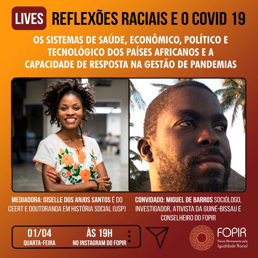 debarros_miguel's tweet photo. Dia 1/4/20, 4ªfeira, no canal do Instagram do #FOPIR vou conversar com Giselle dos Santos (historiadora) sobre “Os sistemas de saúde, económico, político e tecnológico dos países africanos e a capacidade de resposta na gestão de pandemias”. 19h BR (22h-TMG) #covid19nasperiferias https://t.co/m2ik3N4loh