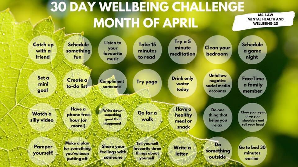 VibankRegional's tweet photo. OK VRS students and families, we are tasking you with the 30 Day Wellbeing Challenge for the month of April.

#WeAreInThisTogether  #FlattenTheCurve 
#Mentalhealth 
#PVSDProud
#ViperProud https://t.co/AkrCWHJq3L