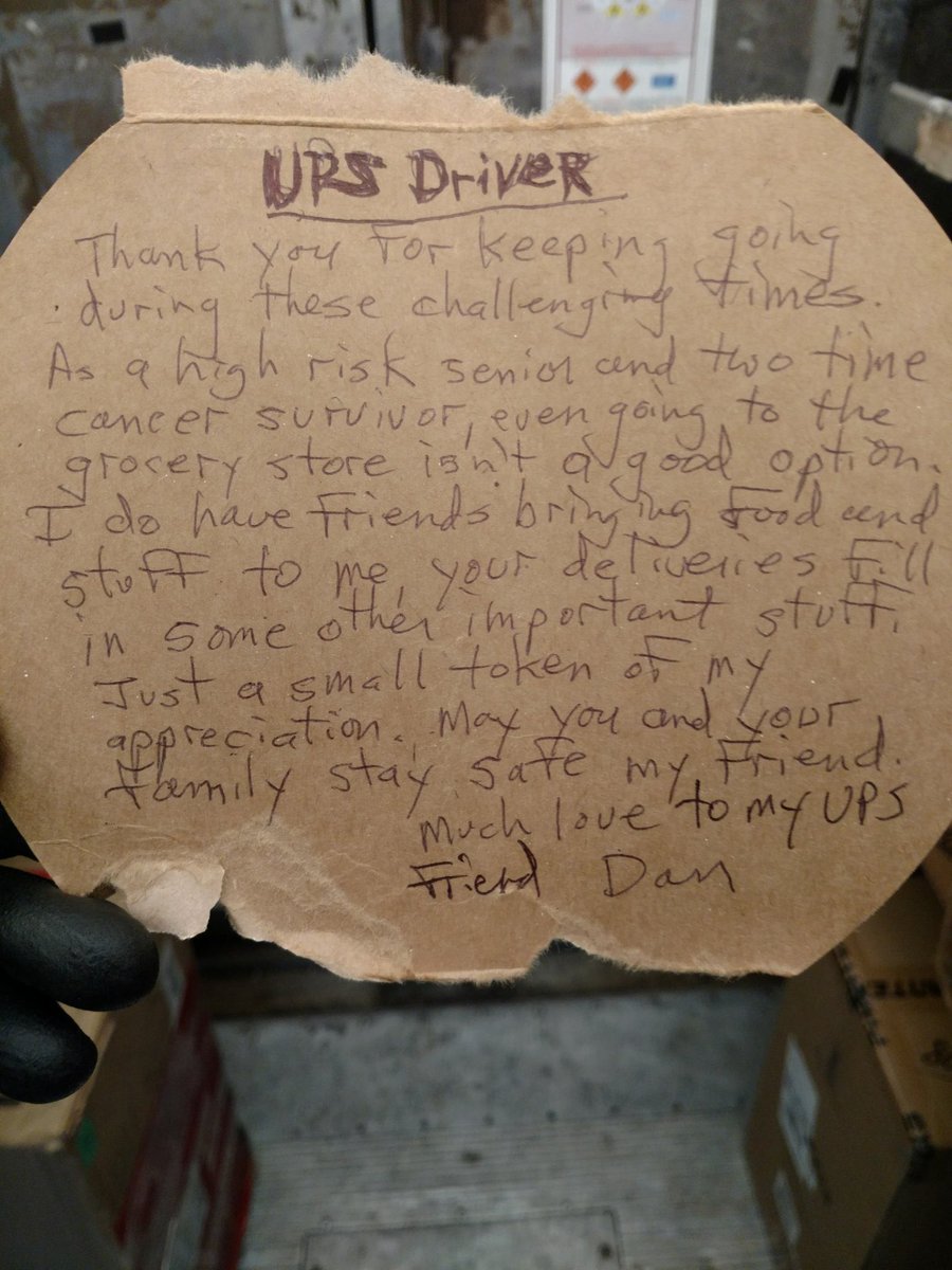 RT - Driver letter share! TY <a href="/LydiaJo23030294/">Lydia Jones</a> 
“Thank you for keeping going during these challenging times. As a high risk senior &amp; two time cancer survivor,even going to the grocery store isnt a good option....your deliveries fill in some other important stuff.“ #UPSersAreThere