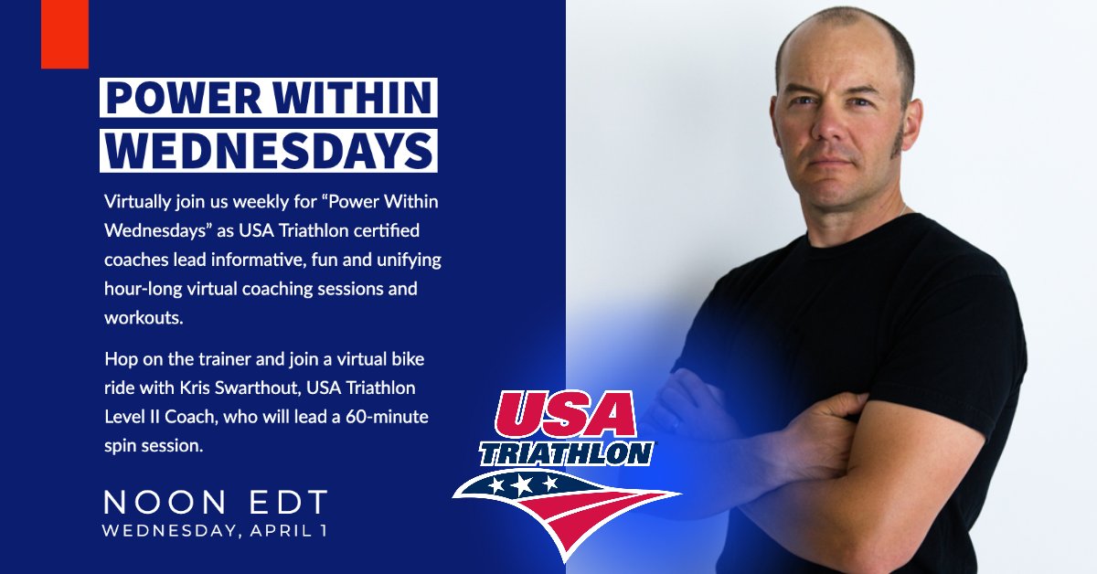 usatriathlon's tweet photo. A great opportunity to workout at home and connect with our multisport community. 👍

Hop on the trainer and join us tomorrow for "Power Within Wednesday", as USAT certified coach Kris Swarthout leads a virtual bike ride. 

We'll see you here! ➡️https://t.co/0eJMU2ko0V https://t.co/lvFcccuLTc
