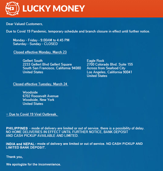 Luckymoneyusa's tweet photo. #staysafe #stayhealthy #notice #remittance #newServiceHours #operatinghours #corona #coronausa #coronabayarea #coronasf #covid19 #sendmoneyonline #filam #sendmoneyphil #sendmoneyindia #sendmoneynepal #nepal #nepalfinancial https://t.co/e3cGE6KqNM