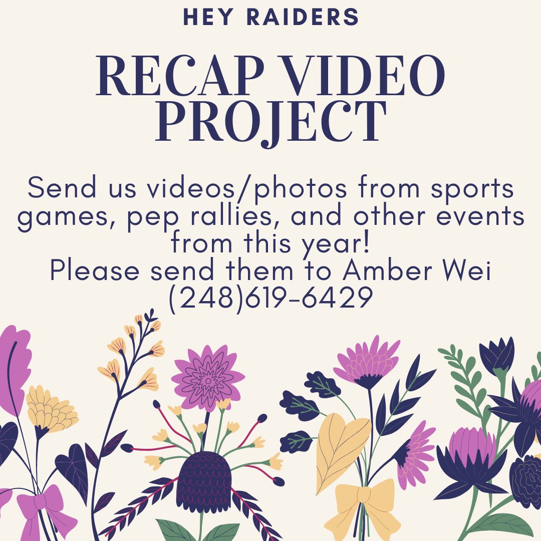 Hey raiders! We are starting a new video recap project. Please send your fun videos and/or pictures from this school year! We will be using these to make one large video!!