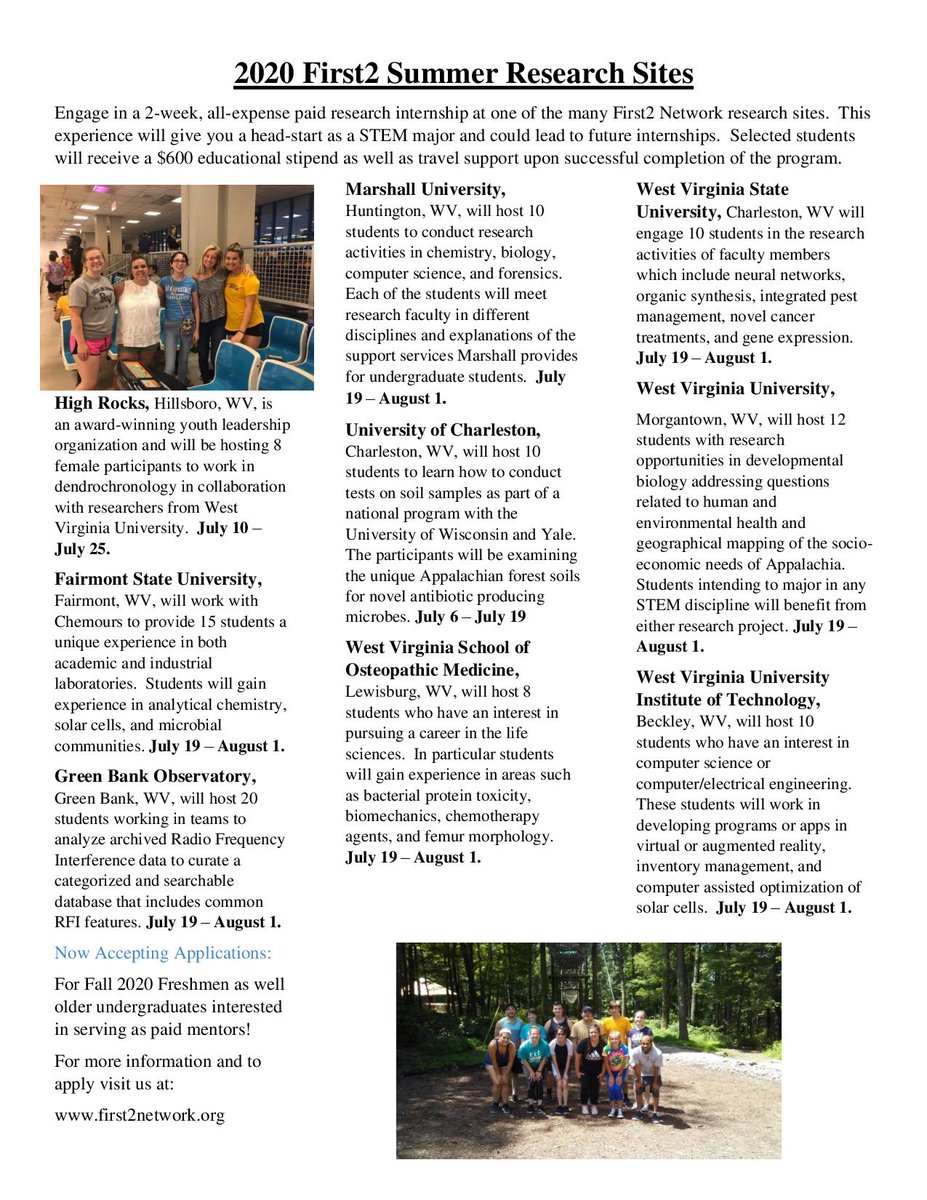 First2Network's tweet photo. WV HS Seniors: Looking for a fun, hands-on research opportunity? We have sites at @GreenBankObserv, @WVSOM, @FairmontState, @HighRocksEdCorp, @WestVirginiaU, @marshallu, plus many more for you to gain skills and friends!
Apply here: https://t.co/l5bwb8rAYY https://t.co/7PFjM4XG8u