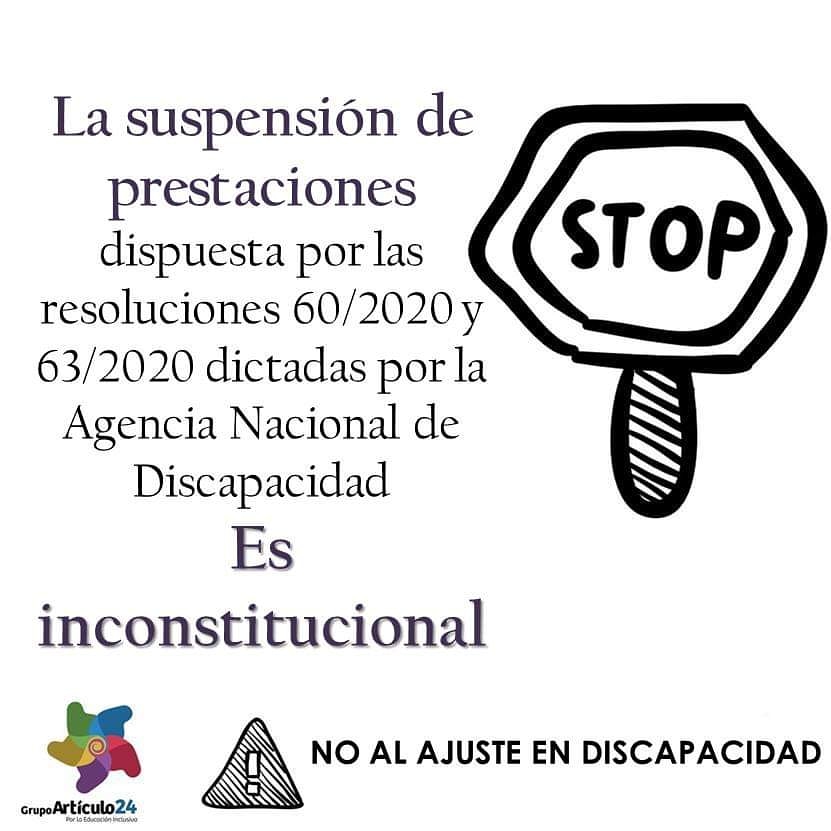 Art24Inclusion's tweet photo. La suspensión de prestaciones 
dispuesta por las resoluciones 60/2020 y 63/2020 @andiscapacidad
Es inconstitucional
@SergioMassa @SantiCafiero @JulioVitobello @LicDanielArroyo https://t.co/S3s5Ra6bXA