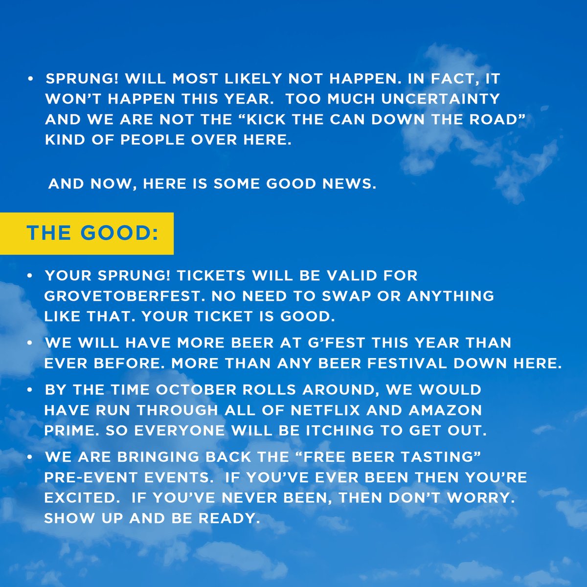 SprungBeerFest's tweet photo. Carole Baskin caught up with Sprung! The event will most likely not happen. In fact, it won’t happen this year.

The good news is your Sprung! tickets will be valid for @Grovetoberfest  on October 10th, 2020. No need to swap or anything like that. Your ticket is good. https://t.co/eheQG19DJQ