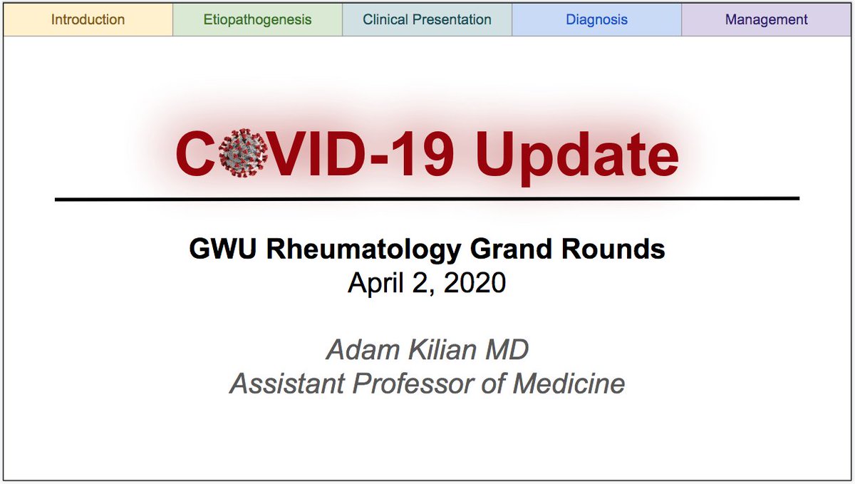 KilianMD's tweet photo. Our #GWRheum #GrandRounds Lecture this week:
#COVID19 Update for #Rheumatologists 🎙️🔥
Opening slide... 👀
#TeleConference #IllnessScript #MedEd #MedTwitter @GWSMHS @GW_MFA @GWHospital @rheum_covid https://t.co/dRSHSl47OH