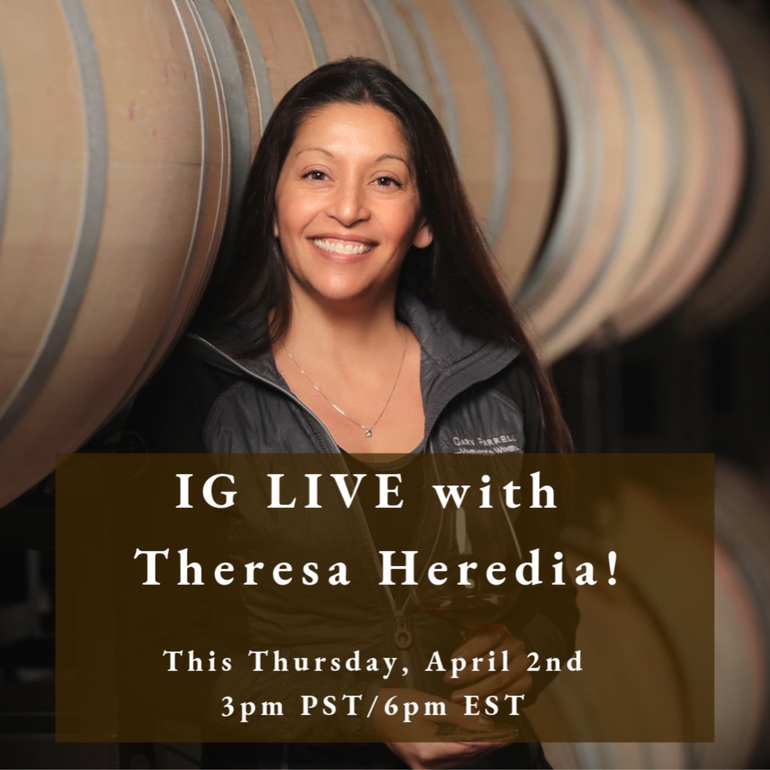 GFarrellWinery's tweet photo. Tune in Thursday, April 2 on our Instagram to see winemaker Theresa Heredia LIVE @ 3pm PST/6pm EST! Theresa will be sharing the screen w/ Craig Collins of  @vintuswines, who helps us put our wines in your hands across the U.S. #virtualtastings #garyfarrell https://t.co/gqn1zSa49f https://t.co/qFDUiiOMFv