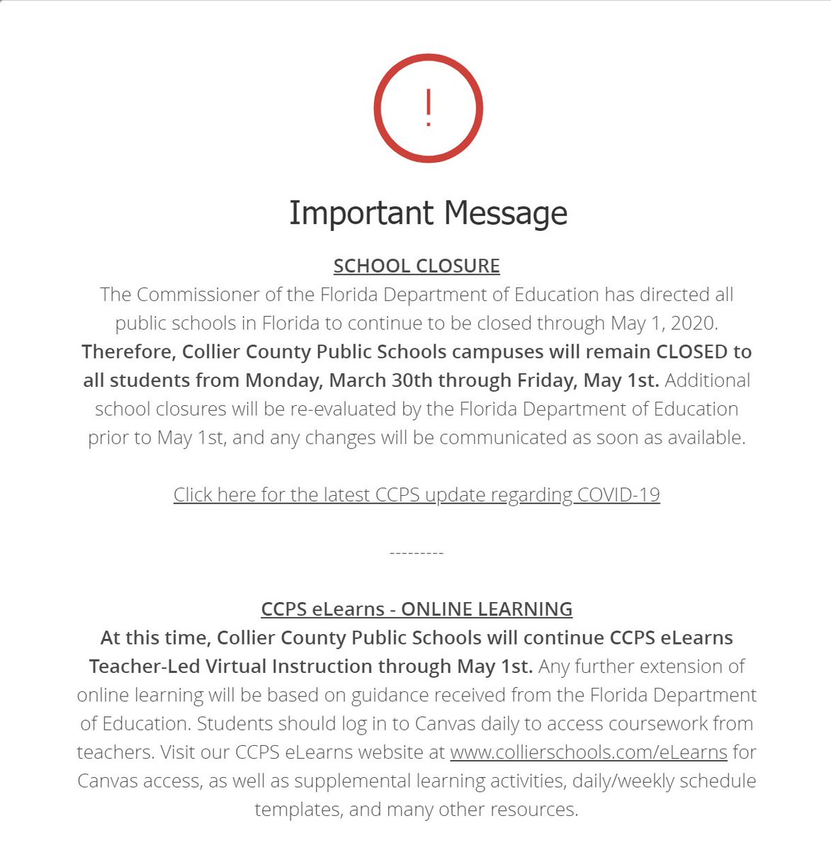 MrsCsAllStars's tweet photo. School is now closed through April. 

Bright side: Classes will continue on Canvas and we'll all be expert pajama wearers by the end of this. 

Stay safe. 
#elearning #InThisTogether #stayinside #WashYourHands @collierschools @MDE_Stars @CanvasLMS https://t.co/PtCjSFLXu5