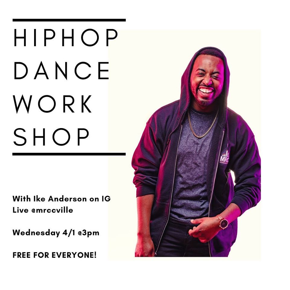Some virtual events happening Wednesday, April 1. A thread.
At 3pm, <a href="/MRCcville/">MusicResourceCenter</a> dance instructor Ike Anderson (<a href="/ikeezybaby/">Ike Anderson</a>) hosts a hip-hop dance workshop on Instagram Live (@mrccville on Instagram).