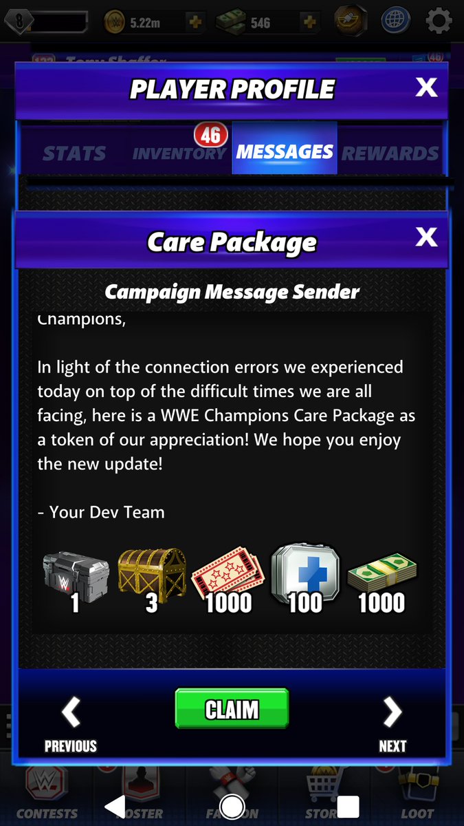 tonys2113's tweet photo. @WWEChampions Thank you for the care package but I got an asset error while claiming as you can see from the 2 pictures my inventory didn't increase nor my igc https://t.co/WYhTjGUCG4