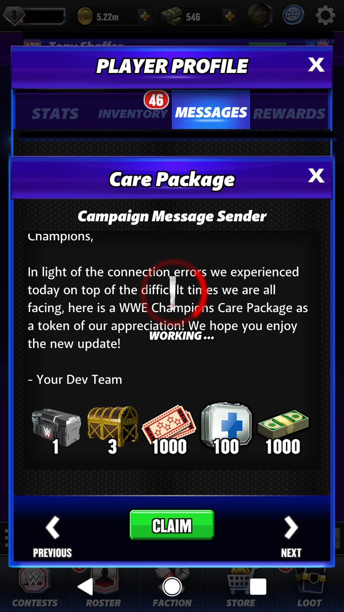 tonys2113's tweet photo. @WWEChampions Thank you for the care package but I got an asset error while claiming as you can see from the 2 pictures my inventory didn't increase nor my igc https://t.co/WYhTjGUCG4