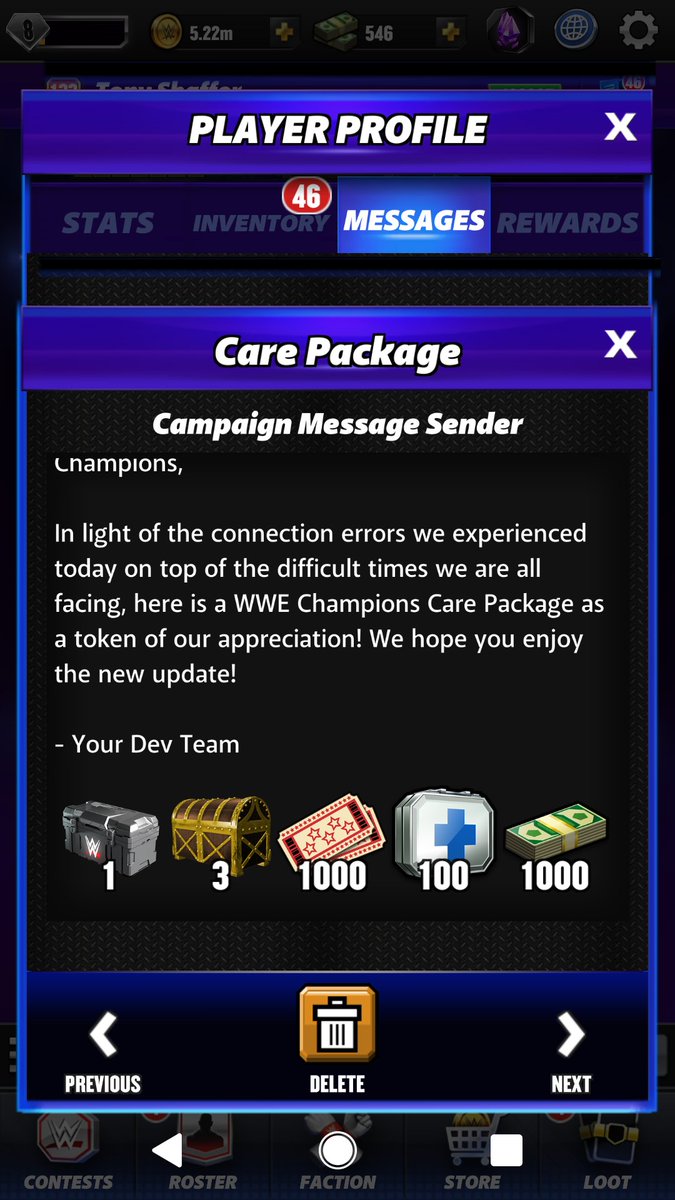 tonys2113's tweet photo. @WWEChampions Thank you for the care package but I got an asset error while claiming as you can see from the 2 pictures my inventory didn't increase nor my igc https://t.co/WYhTjGUCG4