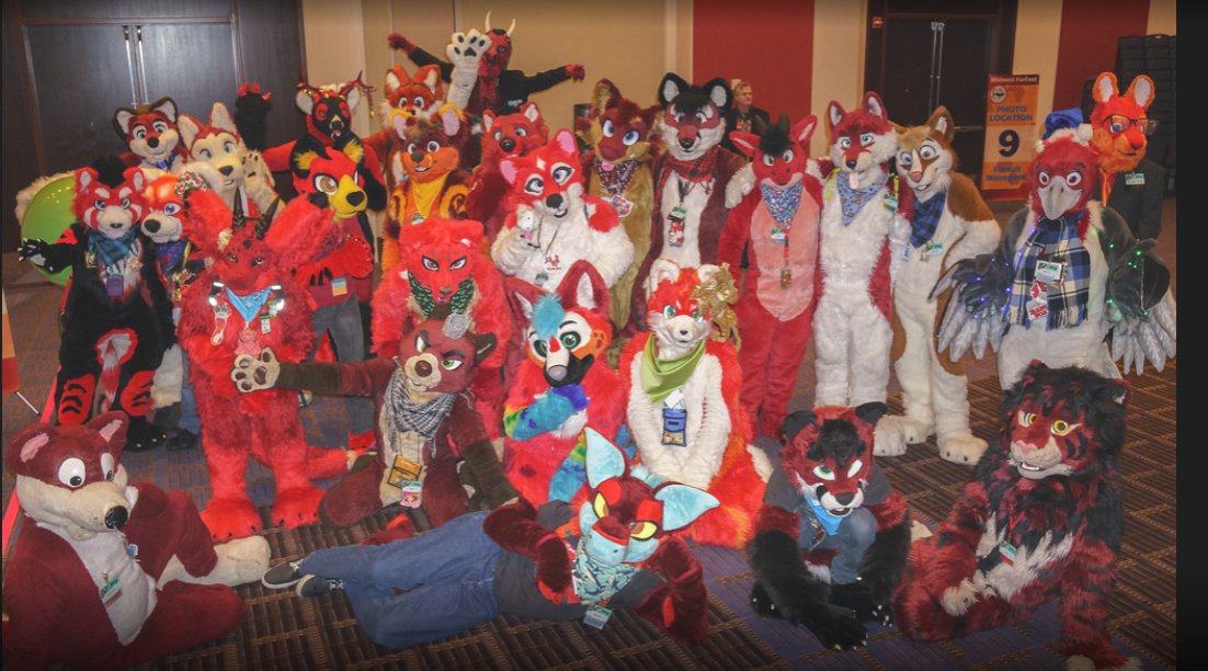 SawyerRabbit24's tweet photo. How Many furries can I name in this pic? Well I see @Tantroo_McNally, @Mangusu, @datDumbYote, @GaugeMalamute @MipptActual. Is there any other red fursuiters that i didnt mention? Let me Know. https://t.co/OeEDTpbo1F