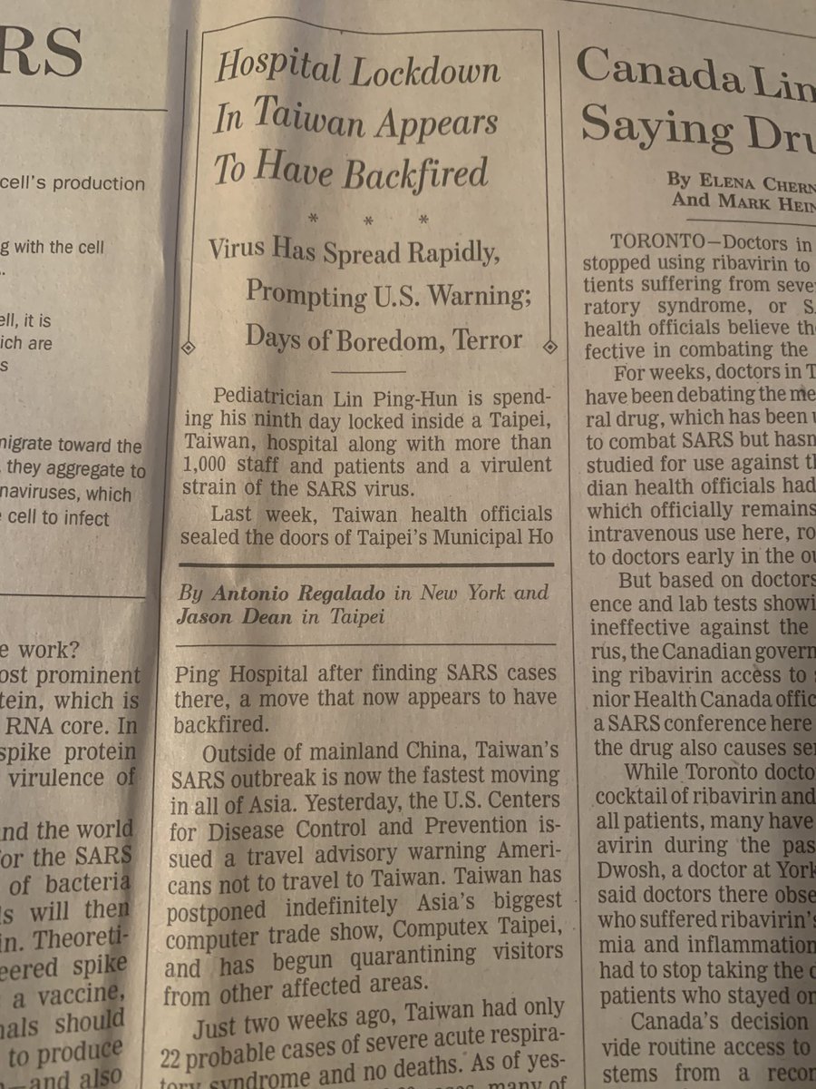 lnbj's tweet photo. This isn’t today’s paper. This is the @WSJ from 2003, writing about SARS, its spread and the soar in cases. @rddysum https://t.co/KWSE5tTcgl