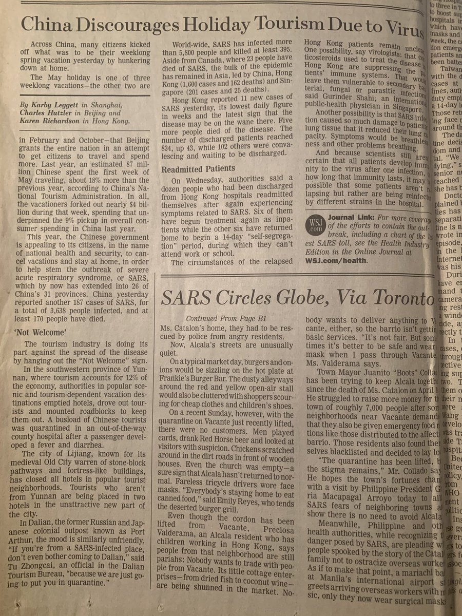 lnbj's tweet photo. This isn’t today’s paper. This is the @WSJ from 2003, writing about SARS, its spread and the soar in cases. @rddysum https://t.co/KWSE5tTcgl
