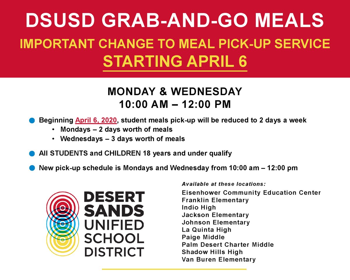 Beginning Monday, April 6, student grab-and-go meals will be reduced to 2 days a week. Meals will be available for pick up from 10:00 am to 12:00 pm on Mondays &amp; Wednesdays. Students will receive 2 days worth of meals on Mondays and 3 days worth of meals on Wednesdays.