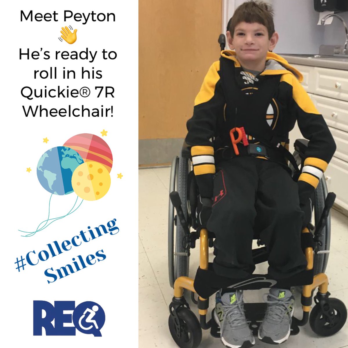 REQNH's tweet photo. It’s our belief that most smiles are started by another smile &amp; moments like this one are worth sharing. Meet Peyton 👋 He was ready to roll in his new Quickie® 7R Wheelchair! Congratulations, Peyton! (PS: we love your Boston Bruins outfit!) 💙 https://t.co/LyPSUuBz72