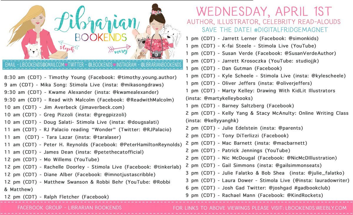 Here is your #digitalfridgemagnet for Wednesday, April 1st and boy is it a WHOPPER!! You can also find a larger graphic and links to each event on our blog updated each morning: lbookends.weebly.com/blog. Enjoy! #unitedbybooks #onlinestorytime