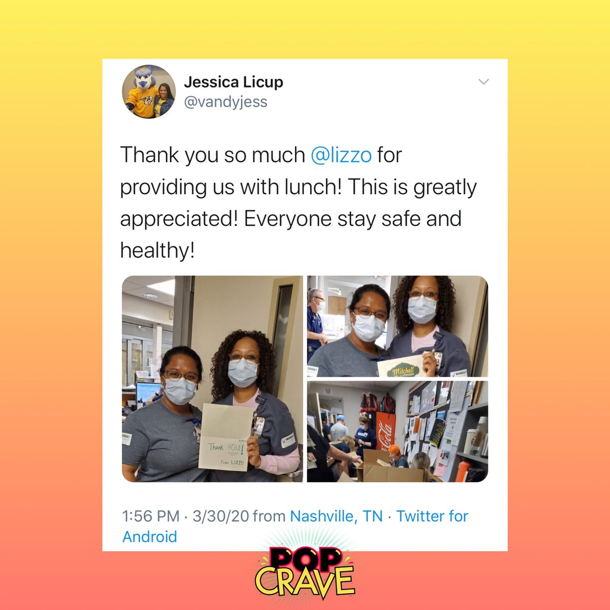 PopCrave's tweet photo. Medical staff thank @lizzo for providing meals amid COVID-19 pandemic. https://t.co/t8H7DDSimx