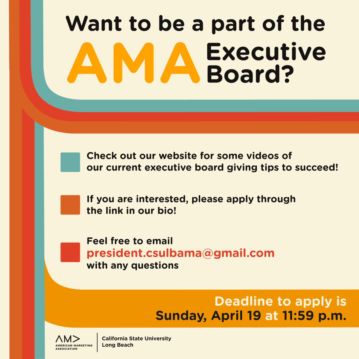 That’s right, 2020-2021 AMA Executive Board Elections are LIVE! Check out the link below and click on “Watch E-Board Videos” to learn about the open positions. If you are interested in applying, click “E-Board Application.” 

linktr.ee/amalongbeachLB