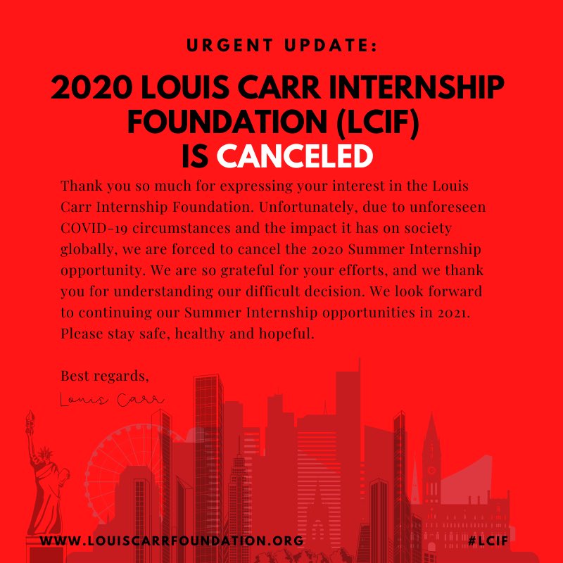 LouisCarrIntern's tweet photo. Regretfully we come with an urgent update due to the unforeseen circumstances with COVID-19😔! Special thanks and S/O to all those that applied! 🙏🏾

#StaySafe #TogtherAlone #ThisTooShallPass #Hopeful https://t.co/8nOk1y52g6