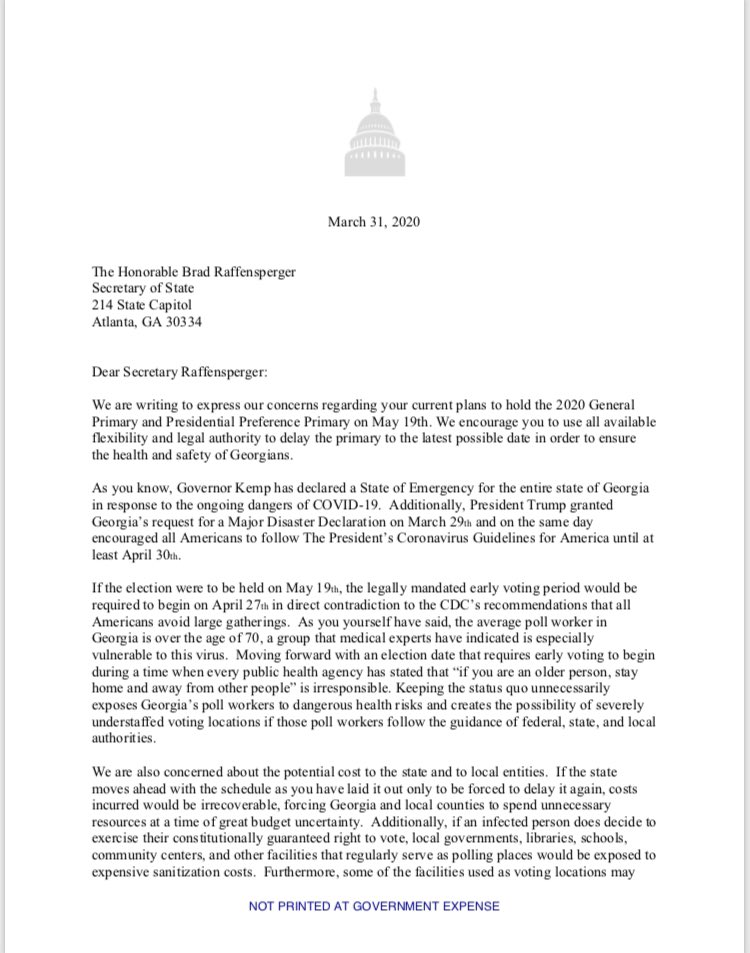 RElliotWSB's tweet photo. #Breaking Georgia’s GOP congressional delegation signs a letter asking Secretary of State Brad Raffensperger to push back the May 19th primary because of fears over COVID-19. https://t.co/ylMDucoj4R