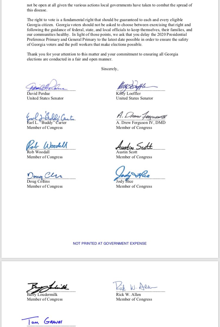 RElliotWSB's tweet photo. #Breaking Georgia’s GOP congressional delegation signs a letter asking Secretary of State Brad Raffensperger to push back the May 19th primary because of fears over COVID-19. https://t.co/ylMDucoj4R