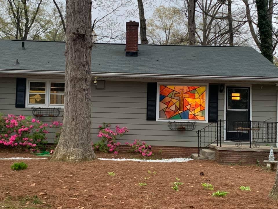 chalmers4three's tweet photo. Look what the wife and kids did today.....Stained glass for the win! #artclass #COVID19 #stayhome #keepingthemoffelectronics #itshard #easterscoming @WFMY @myfox8 @WXII @Jamestown_NC https://t.co/CCcgX8lgco