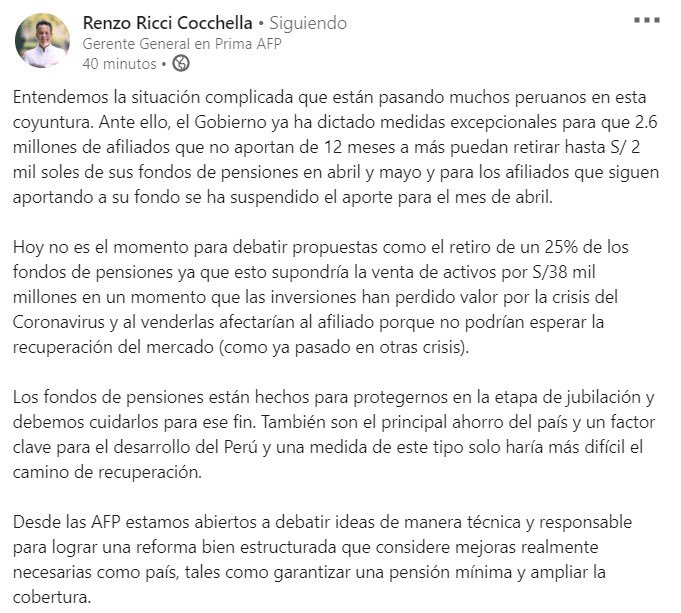 CredicorpGroup's tweet photo. Compartimos la opinión de Renzo Ricci, CEO de Prima AFP, quien advierte sobre las consecuencias negativas que tendría para los afiliados al Sistema Privado de Pensiones del #Perú y para todos los peruanos la aprobación de un proyecto de ley para liberar el fondo de #jubilación. https://t.co/Z7BGkX4S1Z