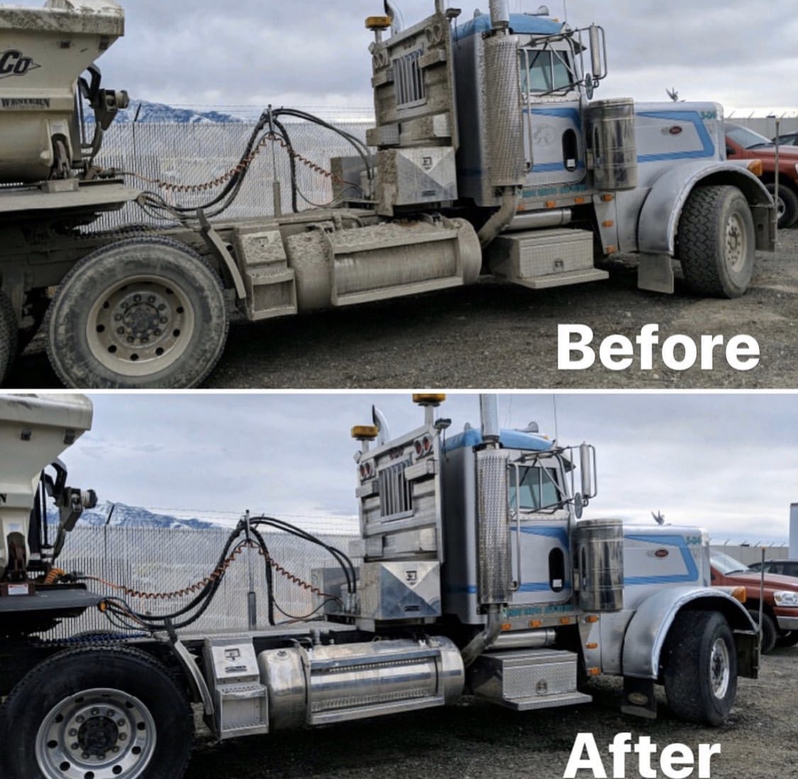 a_jetservices's tweet photo. Semi trucks get dirty FAST. Remember to schedule your pressure washing with Aqua Jet! 
#pressurewashing #pressurewashingservices #beforeandafter #pressurewasher #utahcleaners #powerwashing #powerwasher #TireCleaning #SemiTruck #SemiTruckCleaning #pressurewashingporn https://t.co/WL5cZI6dxh