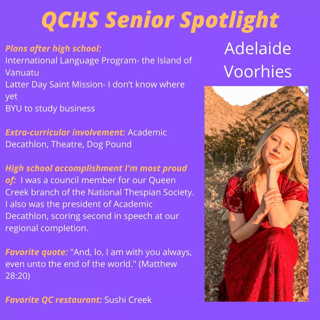 qcusd's tweet photo. SENIOR SPOTLIGHT: We would like to introduce you to the #QueenCreekHighSchool Class of 2020. Help us congratulate Adelaide Voorhies!! #QCLeads #2020strong @QCHS_CCC @qchstheatreco @QCBulldogs #queencreek #classof2020 https://t.co/354xMgw8Gb