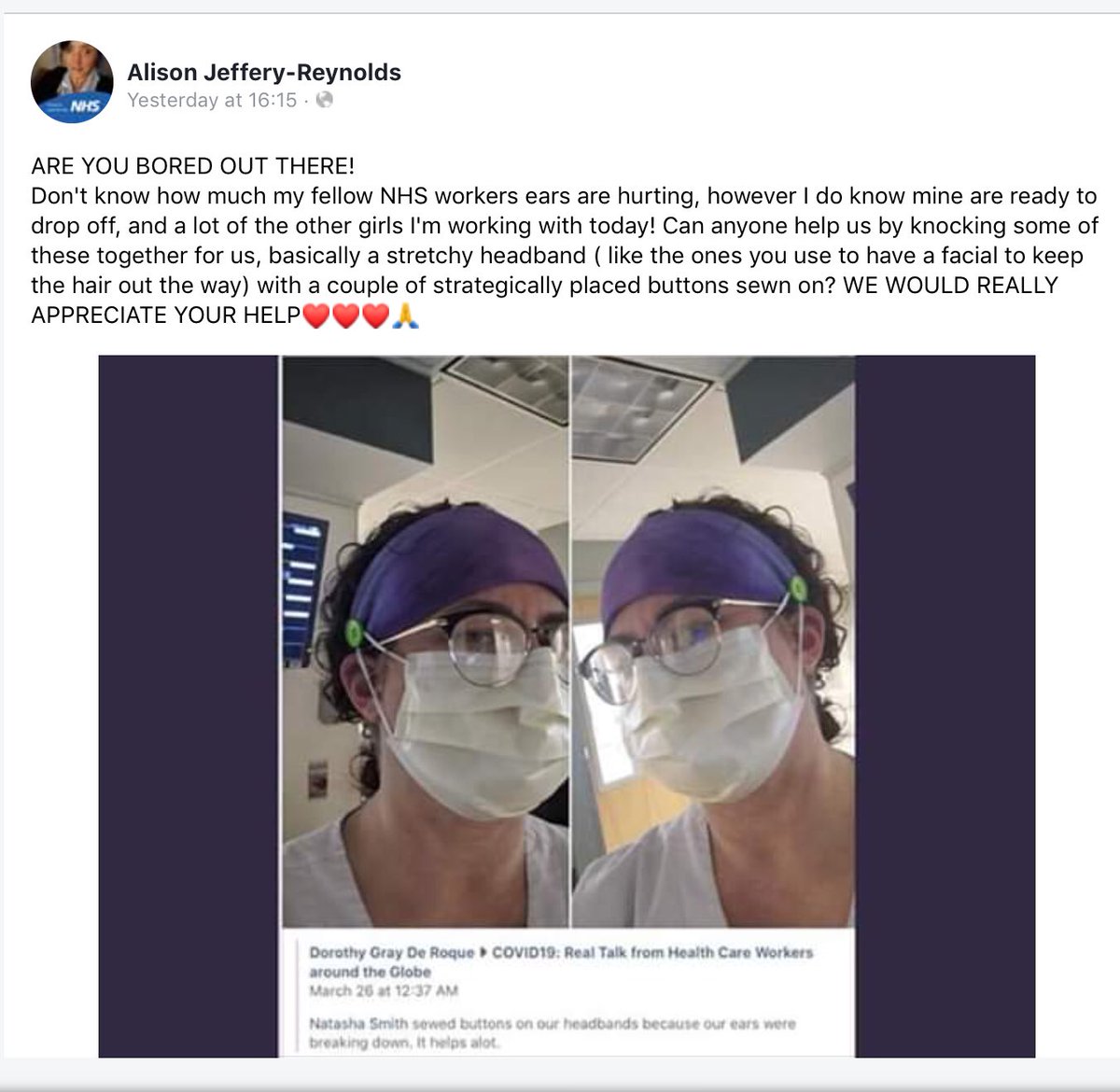 mavepaws's tweet photo. @neilhimself This is my sister she’s a nurse in the NHS here in the UK I’m hoping all my followers the world over can share/retweet it because every hospital and care home could do with these making ❤️🤗❤️thanks guys https://t.co/iLR5KlPFa4